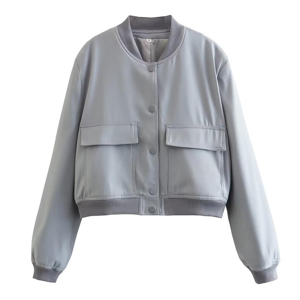 Ladies' Fashion Large Pocket Short Long Sleeve Button Jacket Coat