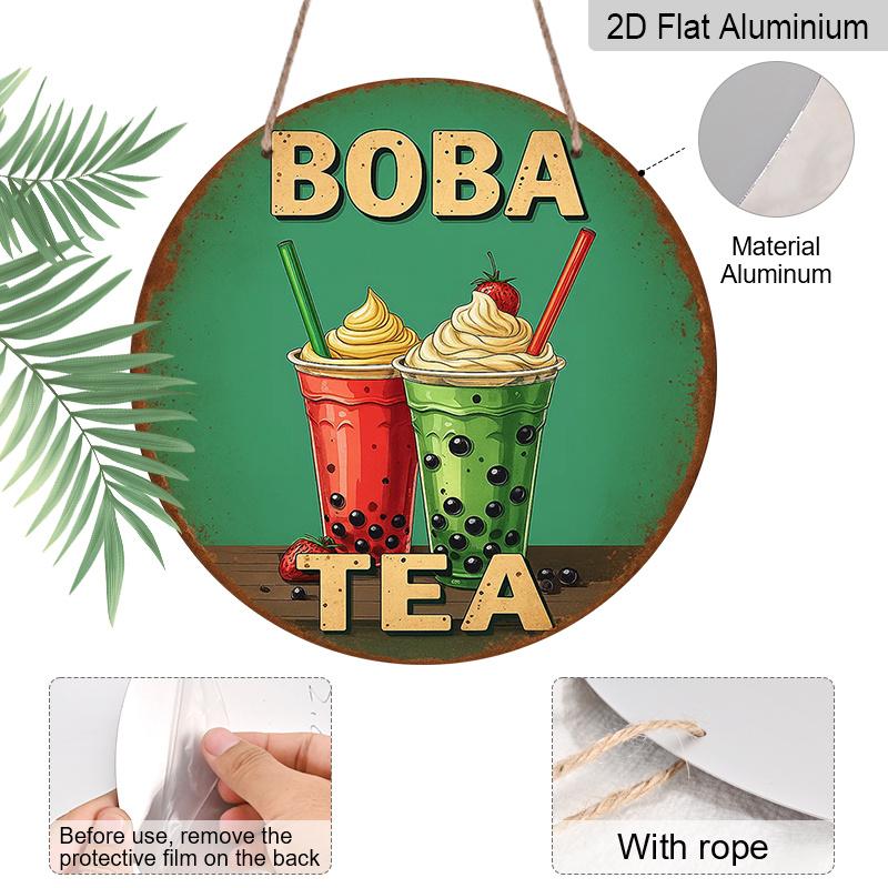 2D Flat - A Vintage Aluminum Sign About 'BOBA TEA', Retro Bubble Tea Cup Design with Strawberry & Cream Topping Measuring 7.87 Inches, Suitable for