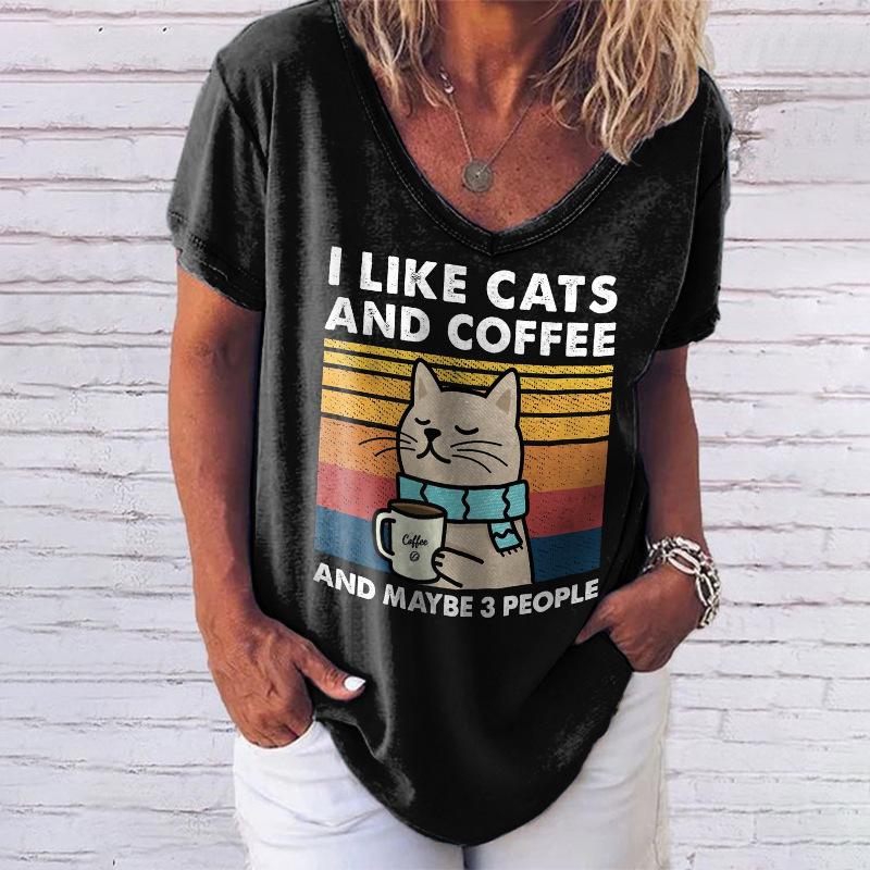Women's Casual T-shirt Top New V-neck T-shirt Loose Short Sleeved 3D Digital Printed Cat Pattern T-shirt