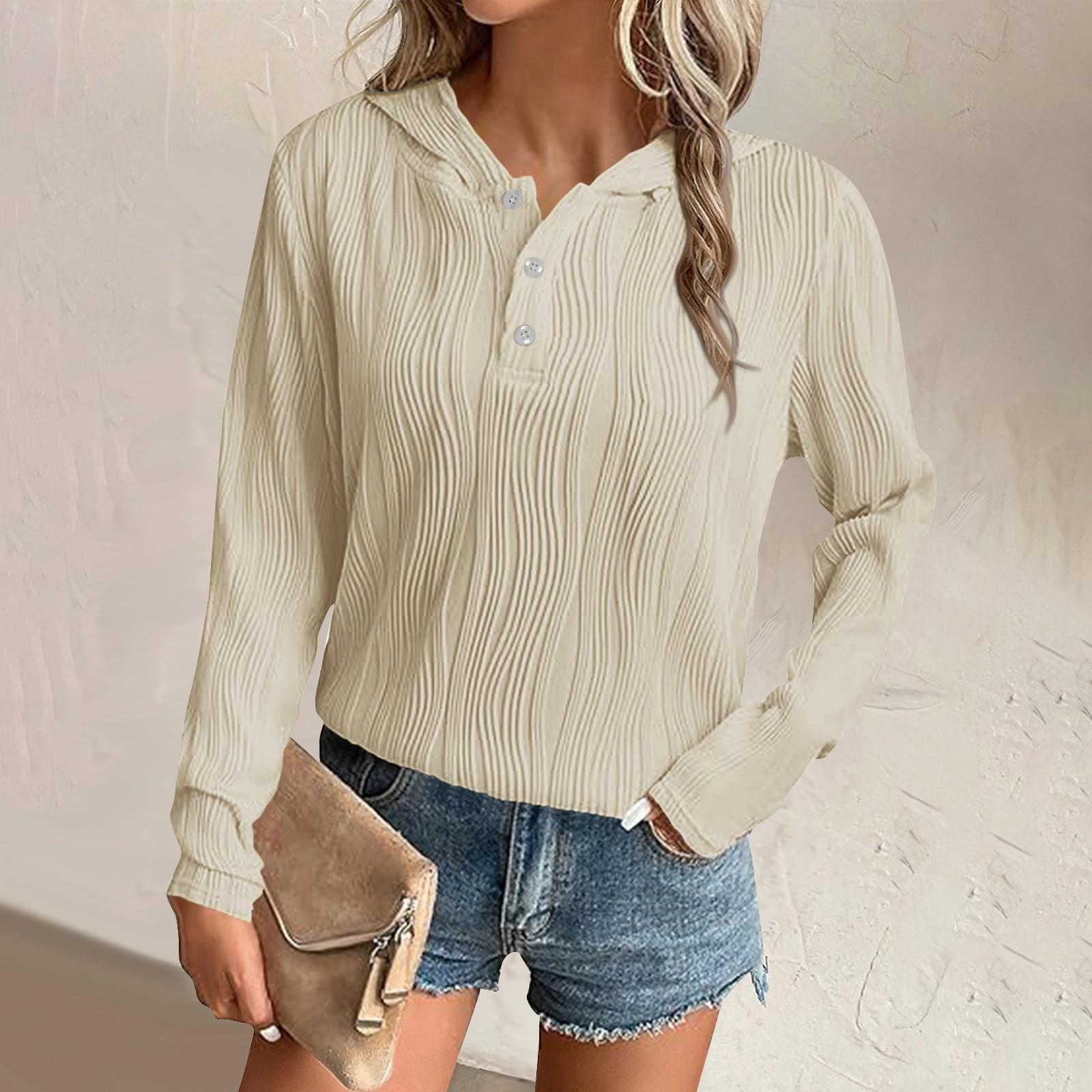 

Жіночі світшоти Худі Повсякденні вільні довгі рукави з V-подібним вирізом Сорочки на ґудзиках Топи Пуловери Осінній одяг Костюми L бежевий