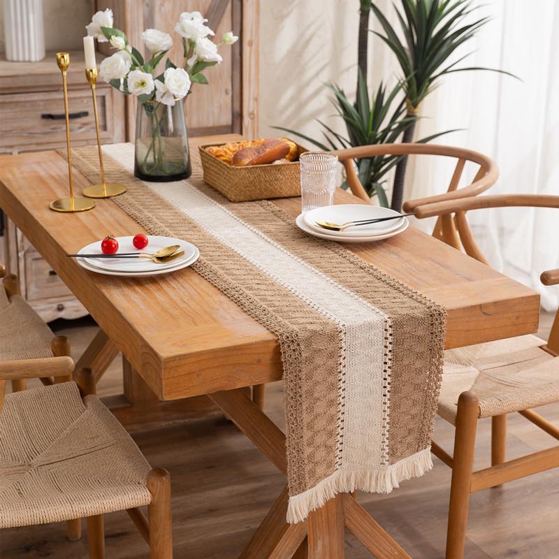 American Cotton Linen Table Runner, Natural Color with Tassels, Stripes, Diamonds, and Plaid Pattern for Dining Table or Sideboard Decoration.