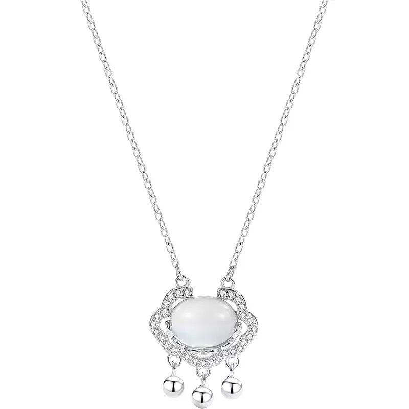 S925 Auspicious Clouds Ruyi Peace Lock Necklace - Ethnic Style Women's White Chalcedony Clavicle Chain