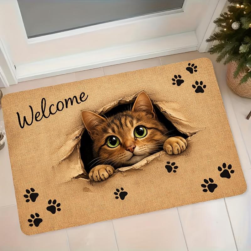 1pc 3D Cat with Ripped Flannel Doormat, "Welcome" Text and Paw Print Decorative Mat, Non-Slip Floor Mat for Entryway, Living Room, Bedroom, Home Use
