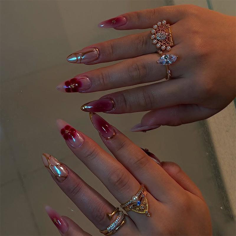 24 Peças Unhas Postiças Amêndoa Fosca Com Cola Gradiente Preto Brilho Borboleta Unhas Falsas Para Outono Inverno