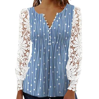 Women's Casual Printing Long-sleeved Lace Sleeve Pleated Button T-shirt