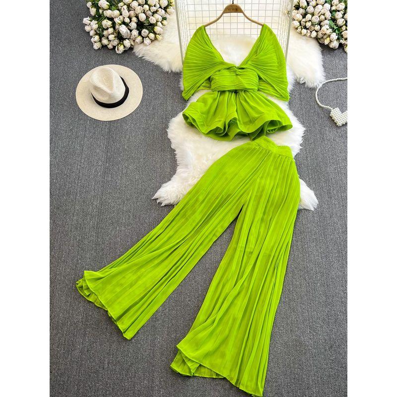 Sanzhai Ruched Batwing Sleeve Lotus Leaf Swing Fashion Suit