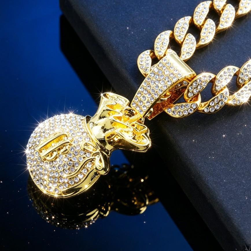 Hip Hop Chinese Style Money Bag Dollar $Symbol Pendant Street Hip Hop Full Diamond Money Bag Cuban Chain Jewelry