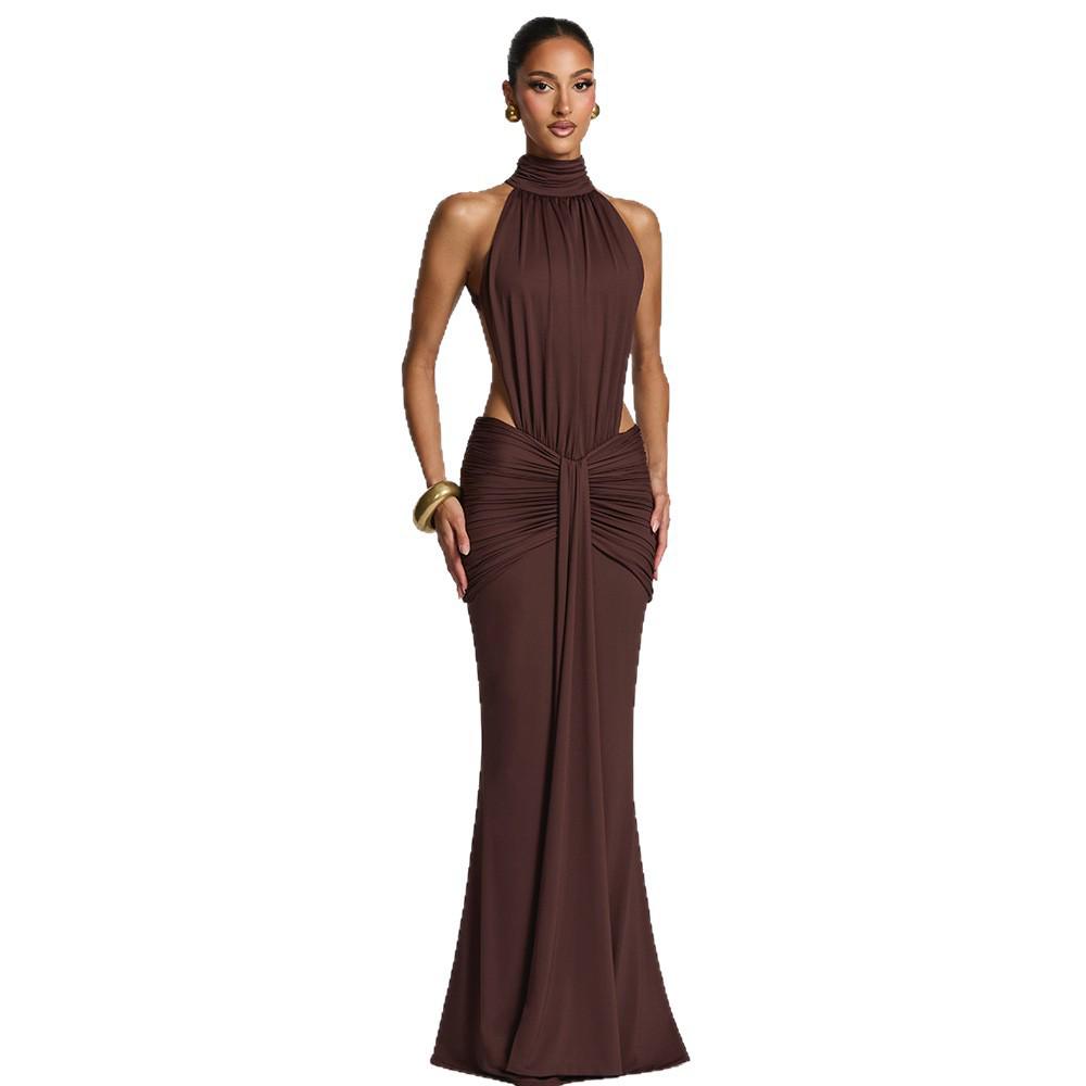 Elegant Halterneck Pleated Slim Fit Long Dress - Sexy Backless High Neck Banquet Gown (2026 Collection)