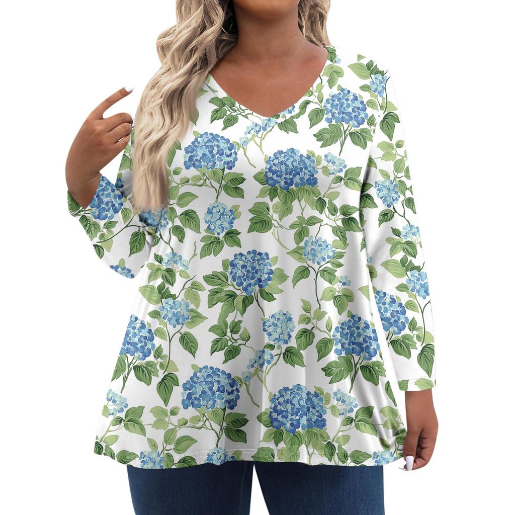 Women's Fashionable Casual Long Sleeved Plus Size Floral Print Top Plus Size Floral Print Top