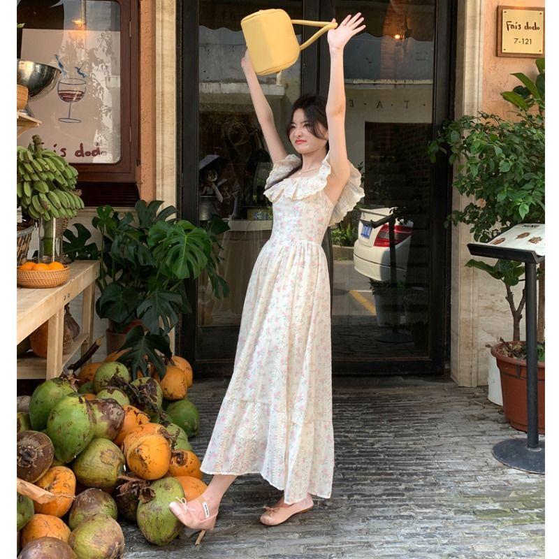 Summer Internet celebrity age-reducing long skirt French embroidery floral square collar ruffle edge waist thin dress women 2026