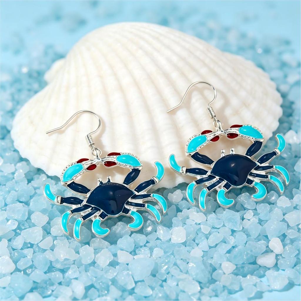 Translucent Lake Blue Enamel Crab Earrings - Ocean-Inspired Holiday Accessory