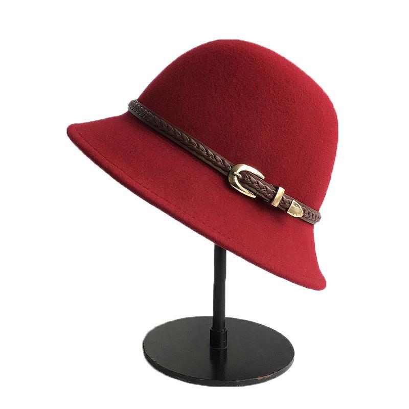 Autumn and Winter Woolen Hat Children European, American and British Retro Leather Buckle Top Hat Wool Basin Hat Bucket Hat