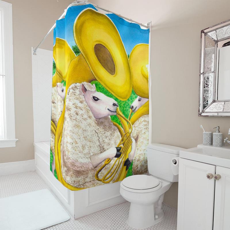 Musical Sheep Shower Curtain Yellow Trumpets Design For Kids Bath Decorations Home Accessories With Rings