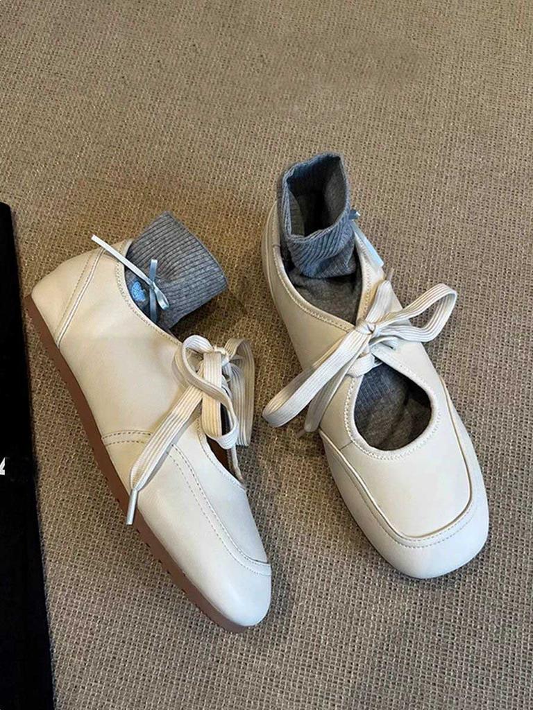 Sheepskin Version~ Versatile Little White Shoes Women's Hollow Lace-up Leather Single Shoes Retro Square Head Flat Bottom Comfortable Mary Jane Shoes