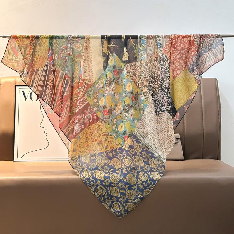 French retro ethnic style 111 imitation silk scarf large square scarf with shawl beach towel for women in spring and autumn