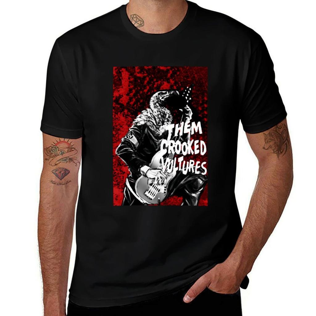 Them Crooked Vulture Playing On The Guitar Red Background Tshirt Casual Streetwear Short Sleeve Tee