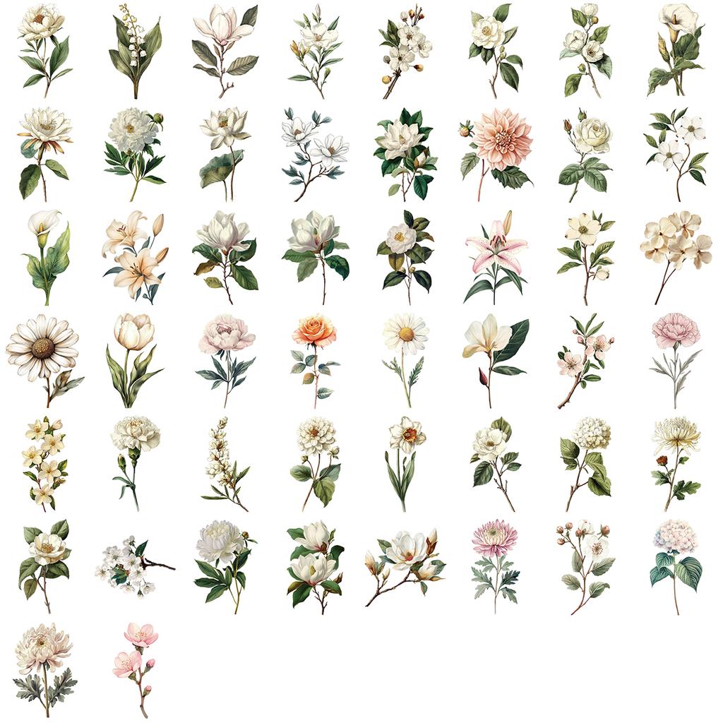 50PCS Retro Flower PET Stickers Beautiful Classical Colorful Art Collection Decoration Water Cup Scrapbook Notebook Guitar