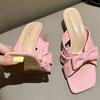 Fashion Cute Pink Bow Slippers Women Fashion Square Heel Open Toe Slides Sandals High Quality Patent Leather Cozy Non Slip Summer Shoes
