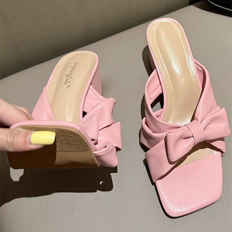 Fashion Cute Pink Bow Slippers Women Fashion Square Heel Open Toe Slides Sandals High Quality Patent Leather Cozy Non Slip Summer Shoes