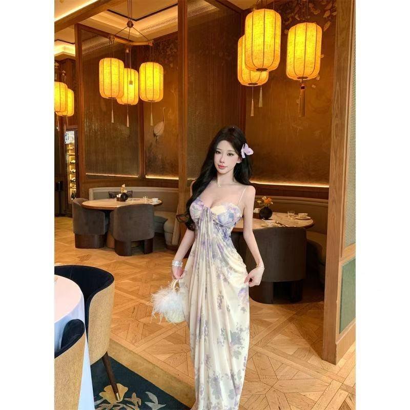 Pure and sensual purple tie-dye floral spaghetti strap dress, women's mesh long dress, seaside vacation style
