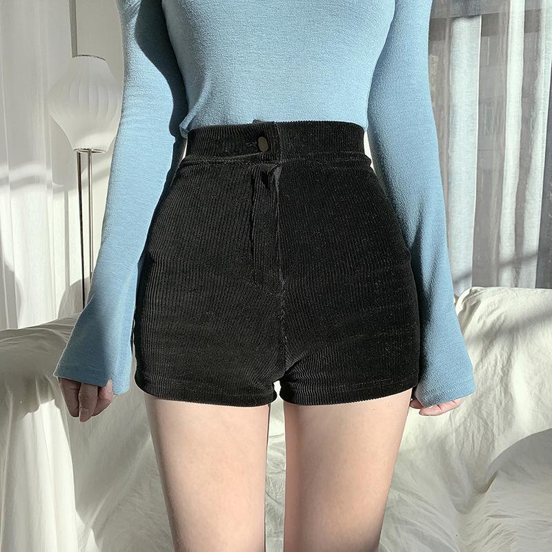 

Черные вельветовые шорты с высокой талией для женщин - Облегающий крой, Плотные леггинсы, Повседневная одежда для осени/зимы 4XL чёрный