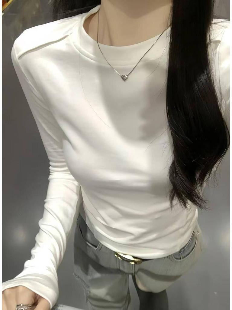 2025 Autumn Women's Round Neck Fishbone Shoulder Slimming Long Sleeve Top