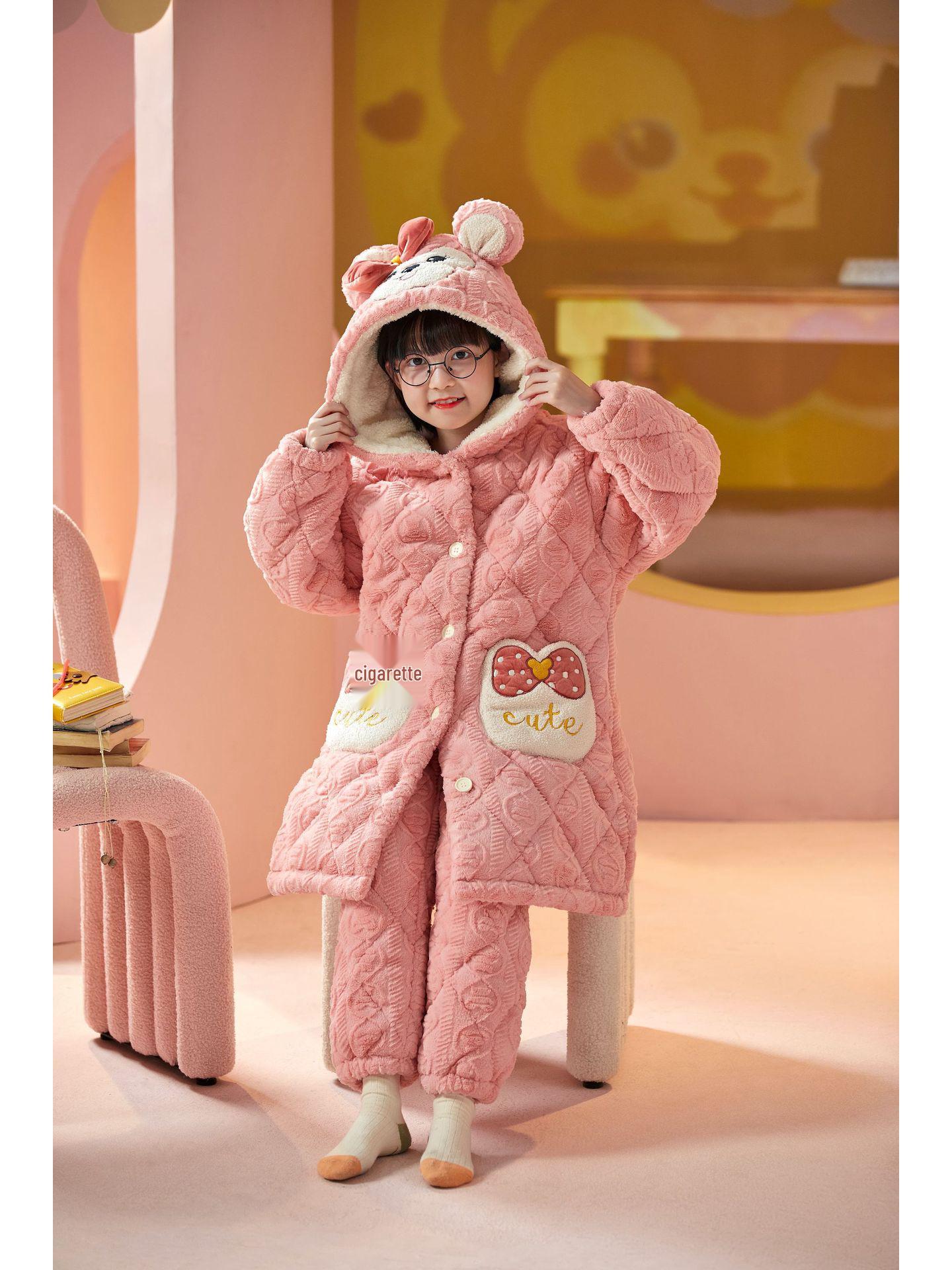 Женский длинный плюшевый зимний пижамный комплект и стеганый халат 12