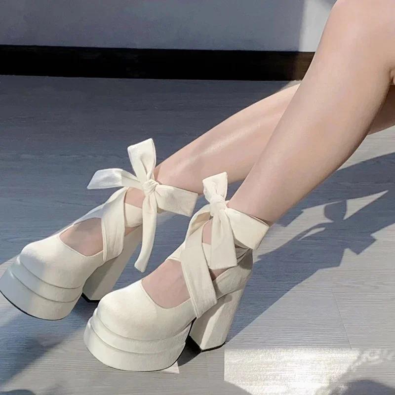 

Дизайнерская платформа Женская обувь Туфли Мэри Джейн Туфли-лодочки для платья Модная элегантная обувь с перекрестным ремешком на толстом каблуке Женская обувь в студенческом стиле 35 грязно-белый