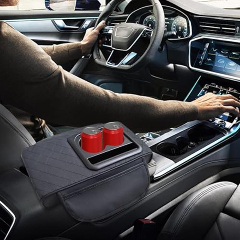 Upgrades Leather Auto Armrest Cover with Built In Drink Holder & Smartphone Stand Vehicle Console Lid for Long Trip