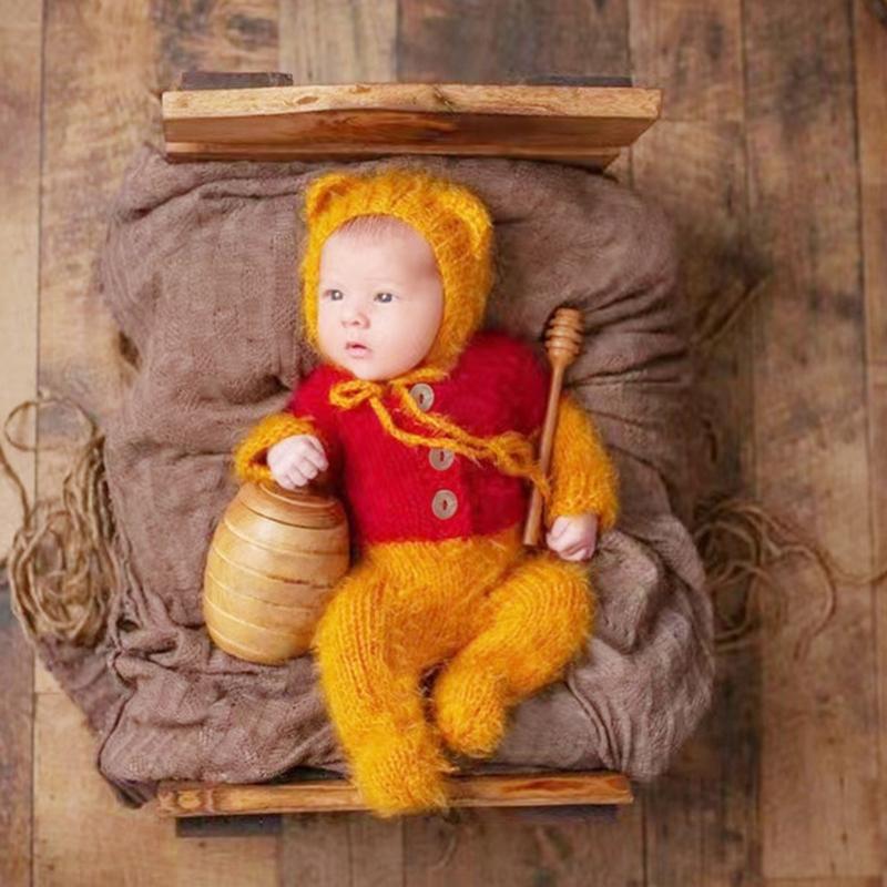 2pcs/set Newborn Photography Props Outfits Mohair Bear Hat & Footed Romper for Baby Photo Props Bodysuit Newborn Photo