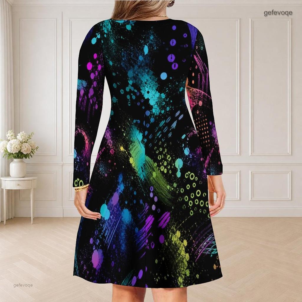 Women Plus Size V Neck Long Sleeve Colorful Abstract Printed Curved Hem Dress