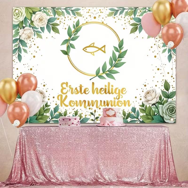 Erste heilige Kommunion Tapestry, First Holy Communion Backdrop with Gold Fish, Religious Party Decor