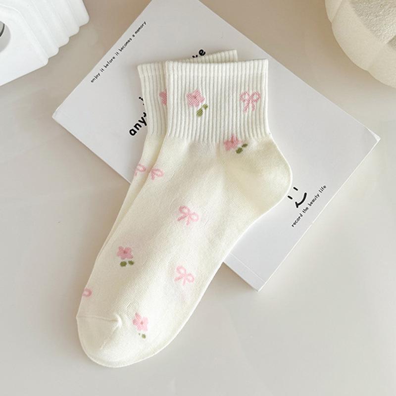 Women's Autumn/Winter Short Socks - Cute Japanese Style with Pink Flowers, Polka Dots & Bow, White Versatile Design