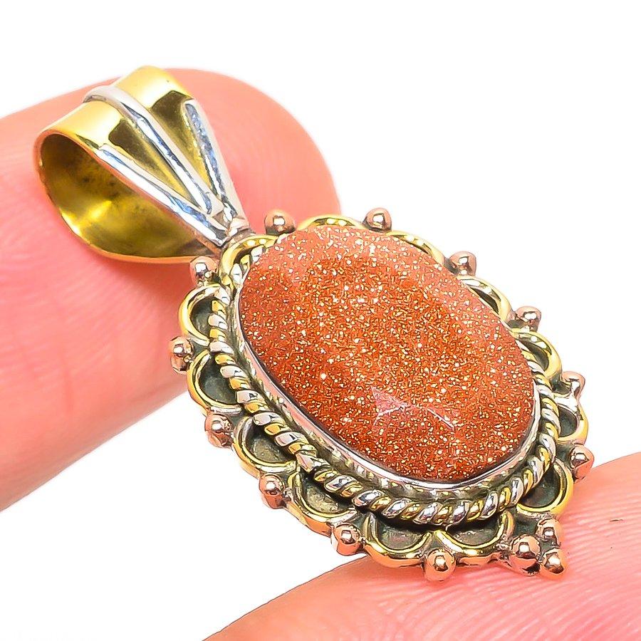 Natural Sunstone Gemstone Two Tone 925 Solid Sterling Silver Pendant 1.50'' s2L46