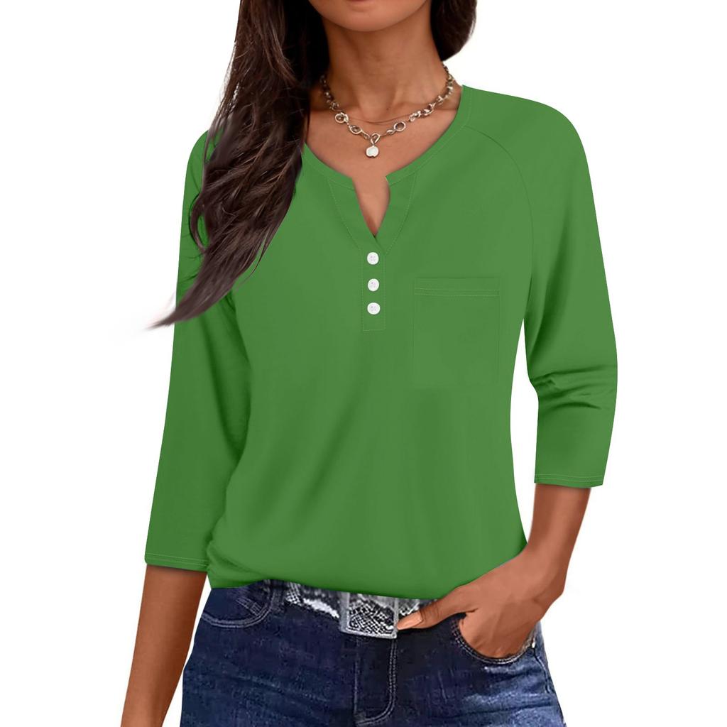 Ladies Casual Fashion V-neck Loose Versatile Color Printed Three-quarter Sleeves