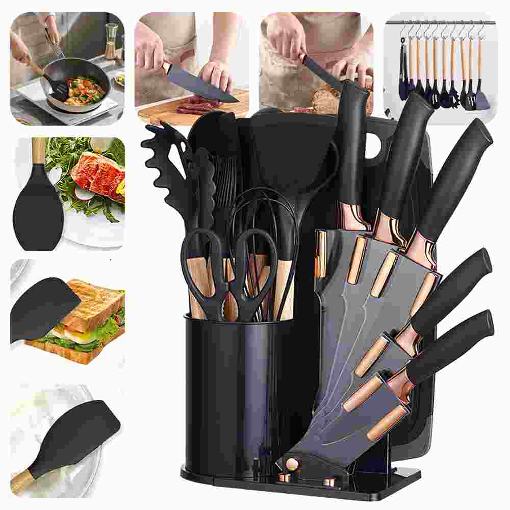 

MDHAND 20pcs Silicone Utensil Set Non-Stick Heat-Resistant Cooking Kitchenware Chef Knife Easy-Clean Safe for Non-Stick Cookware чорний