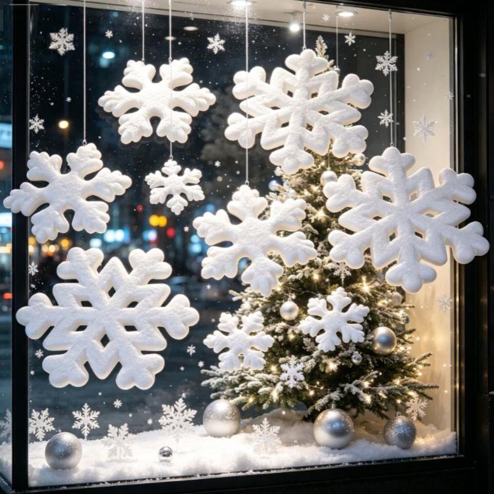 5/10pcs/Pack Foam White Snowflakes Plastic Xmas Tree Pendants  For Christmas Party Decor