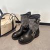 Retro imitation leather splicing canvas medium tube cycling boots women's metal buckle thick heel stacking boots fashion versatile fashion boots