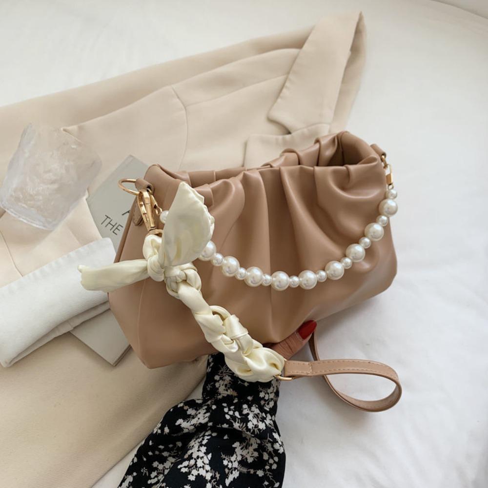 Fashion Pleated Shoulder Bag PU Leather with Pearl Cloud Underarm Bags Small Handbags Women Purse