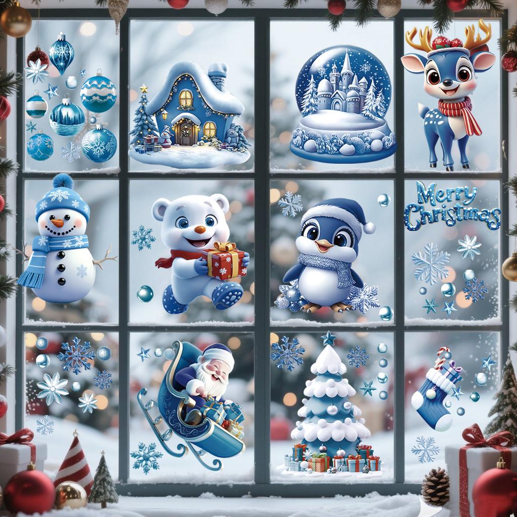 4/9 Sheets Christmas Stickers Removeable Window Cling Sticker Black Gold Cartoon Double-Sided No-Glue Santa Claus Snowflake Xmas