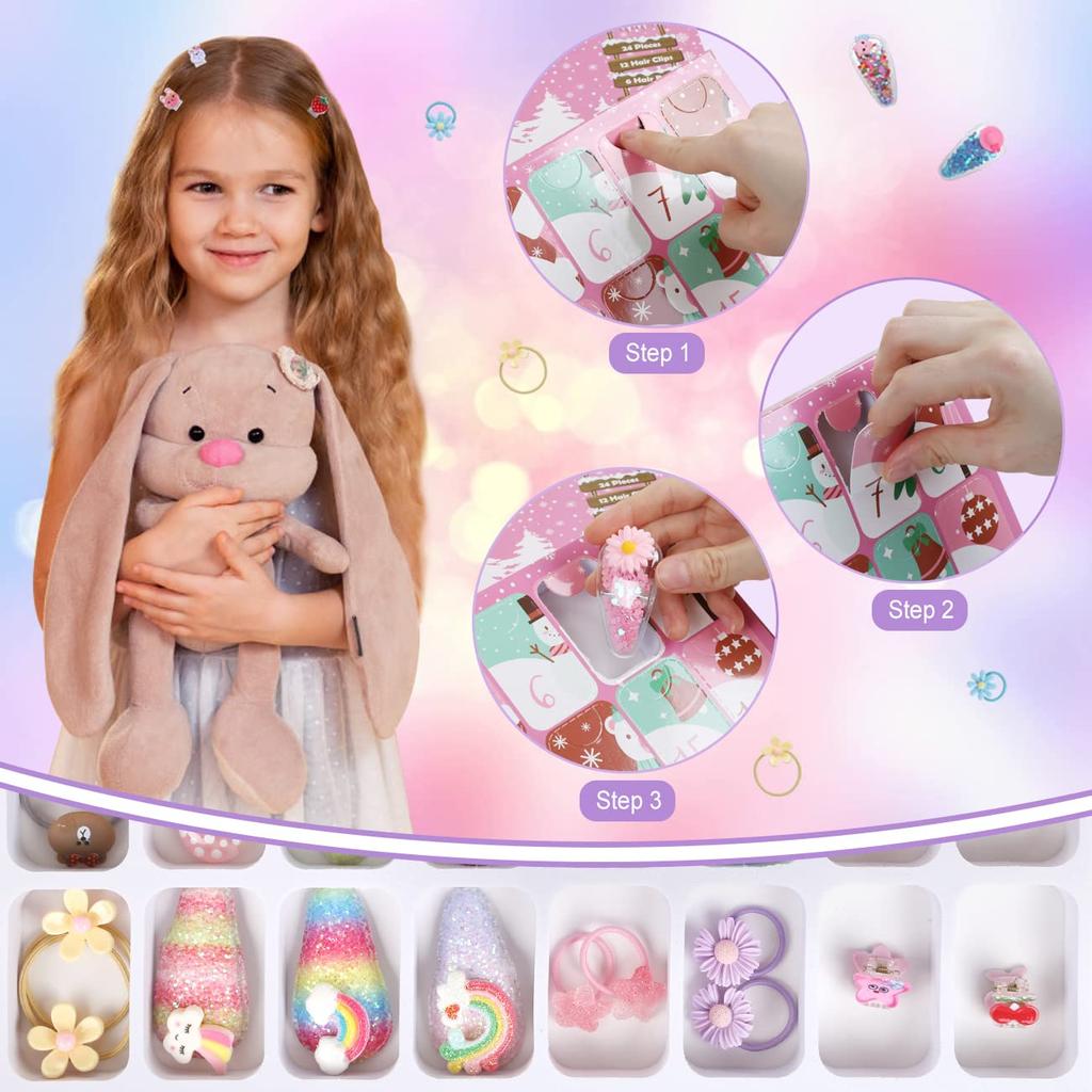 LIHAO 2025 Advent Calendar for Girls, Hair Accessories, Christmas Present, Hair Clips, Hair Ties, Hairpins, Hair Clips, Cute Kids Toy, Christmas