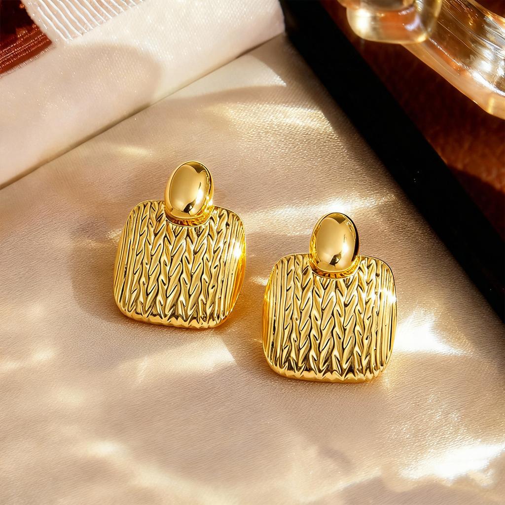 Vintage Rectangular Earrings – 14K Gold-Tone PVD Plated with Hammered Texture, Hypoallergenic Minimalist Studs for Everyday Wear