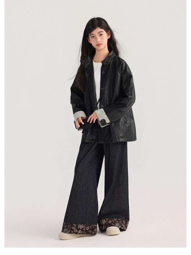 Tao Town Girls' Leather Lapel Jacket - Spring/Autumn Fashion for Big Kids