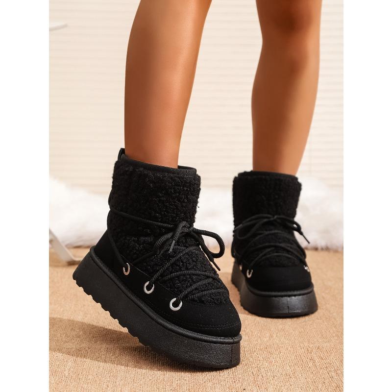 Women's New Winter Fleece Lined Thickened Elevated Chunky Sole Lace Up Fashionable Warm Cotton Boots