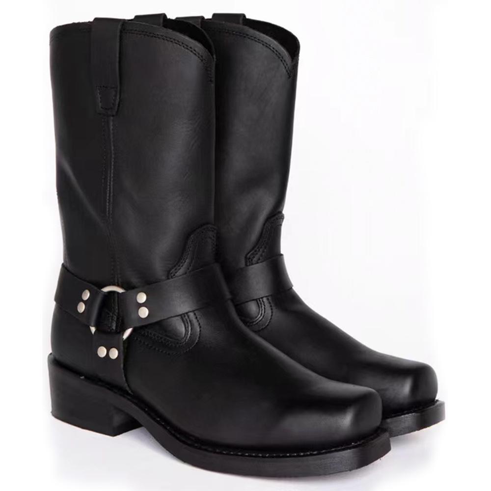 Pánské retro kovbojské kožené kozačky britského stylu kozačky s přezkou do půli lýtek Rytířské kozačky se čtvercovou špičkou Kotníkové kozačky na podpatek Venkovní jezdecké boty