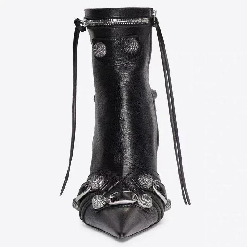 Soleist High Thin Heeled Ankle Boots for Women Metal Decor Rivet Fringed Zip Ppinted Toed Motorcycle Lady Booties Women Shoes