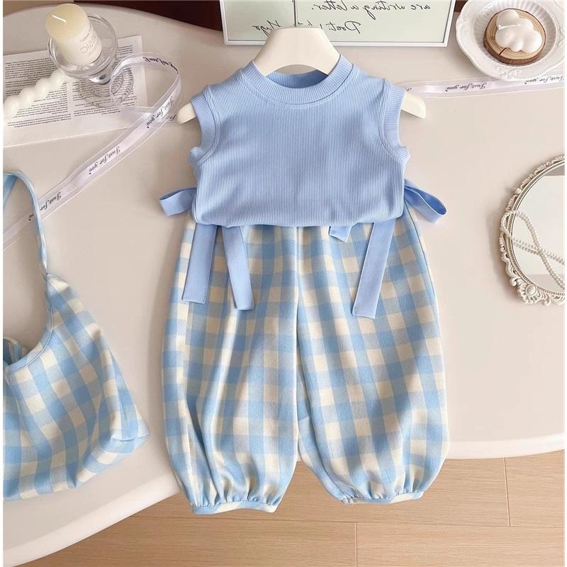 Summer Children's Blue Plaid Suit Sleeveless Top with Bow, Wide-leg Pants, and Crossbody Bag, Three-piece Set