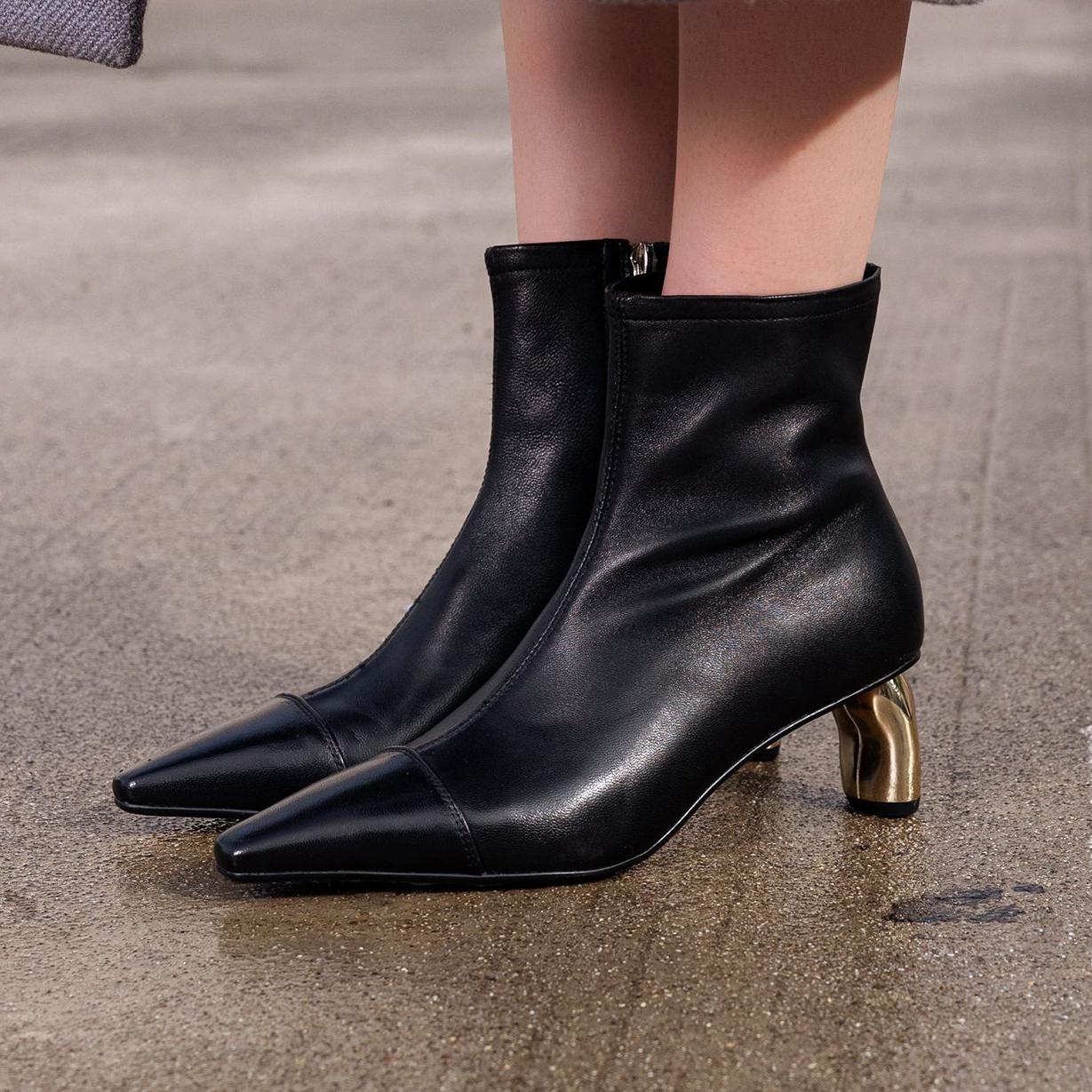 

Krazing Pot Овчина Осенне-зимняя обувь Модные ботинки с острым носком Сохраняют тепло Ботильоны на толстом металлическом каблуке