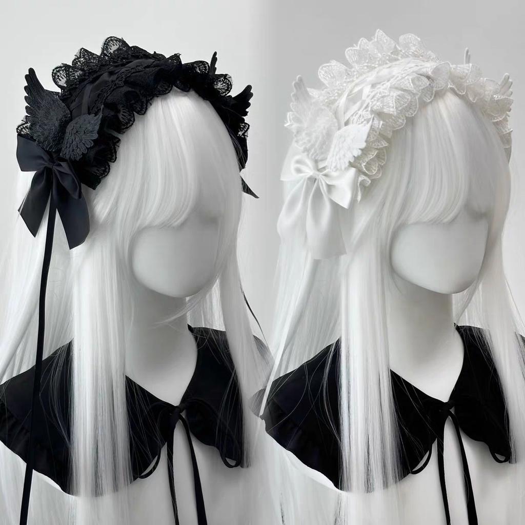 Gothic Angel Wings Maid Bonnet Hairband Lolita Girl Cosplay Costume Accessories Retro Adjustable Ruffles Solid Headwear Women