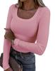 Women's U Neck Long Sleeve Tee Slim Fit Casual Ribbed Knit Solid Color Spring Basic Top